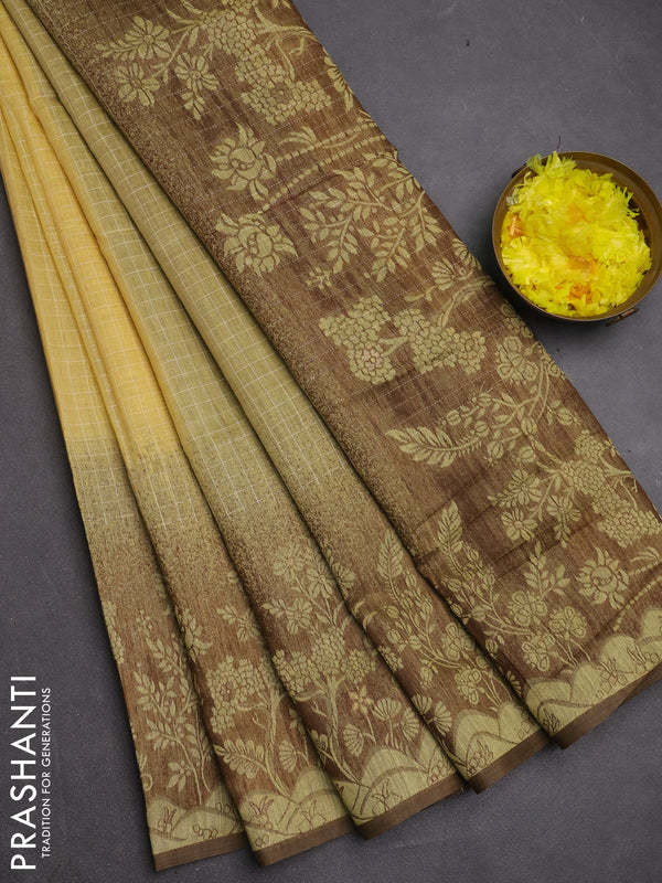 Jamdhani cotton saree pale yellow and coffee brown with allover thread checked pattern and jamdhani pallu