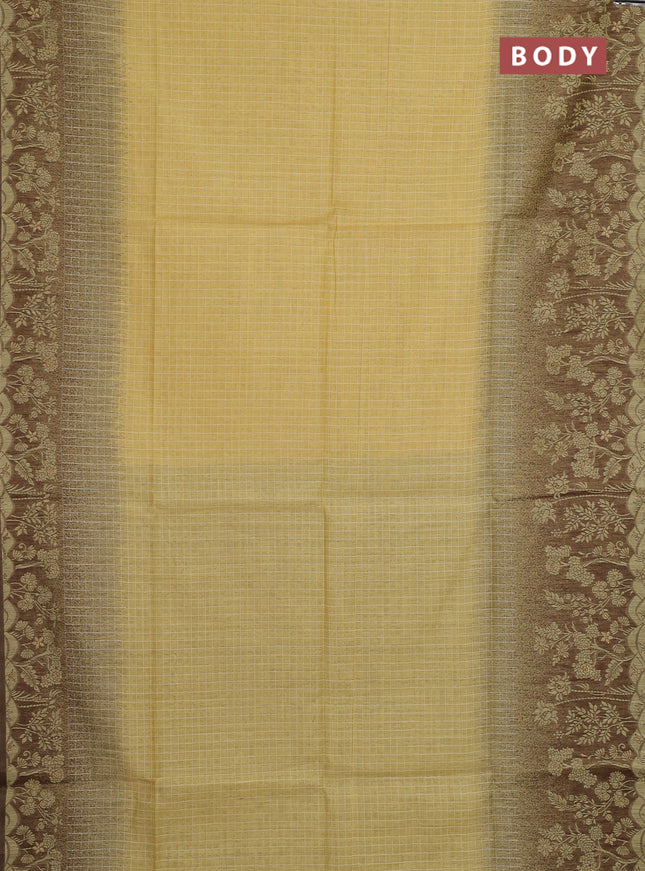 Jamdhani cotton saree pale yellow and coffee brown with allover thread checked pattern and jamdhani pallu