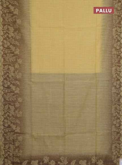 Jamdhani cotton saree pale yellow and coffee brown with allover thread checked pattern and jamdhani pallu