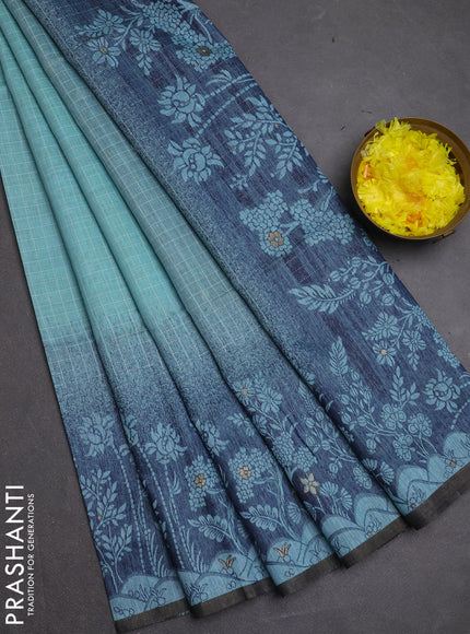 Jamdhani cotton saree teal blue and navy blue with allover thread checked pattern and jamdhani pallu