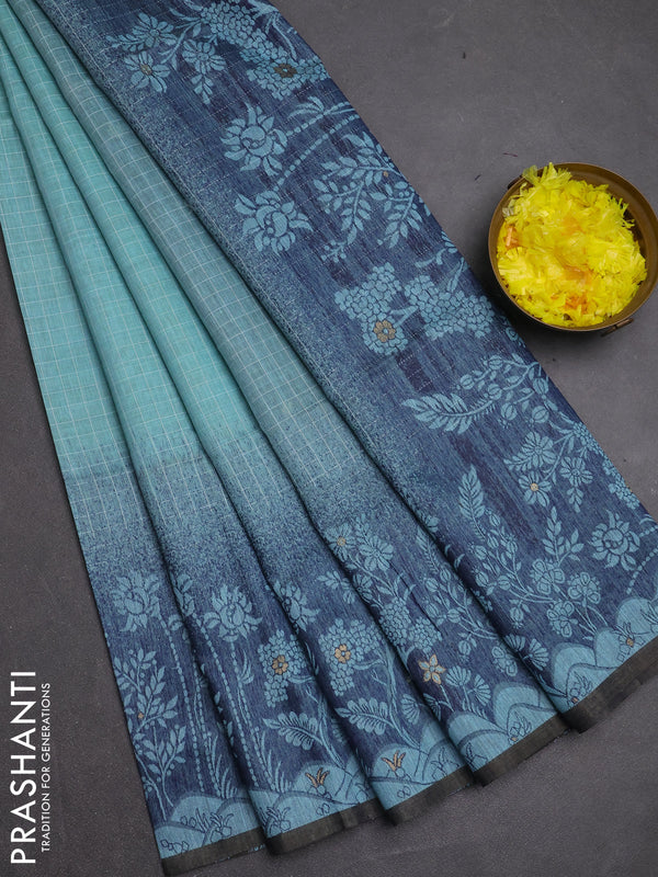 Jamdhani cotton saree teal blue and navy blue with allover thread checked pattern and jamdhani pallu