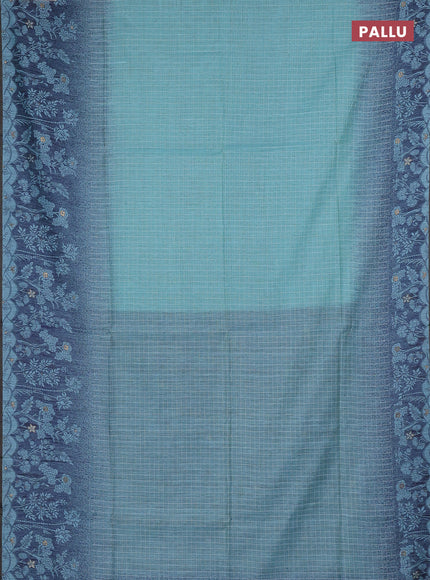 Jamdhani cotton saree teal blue and navy blue with allover thread checked pattern and jamdhani pallu