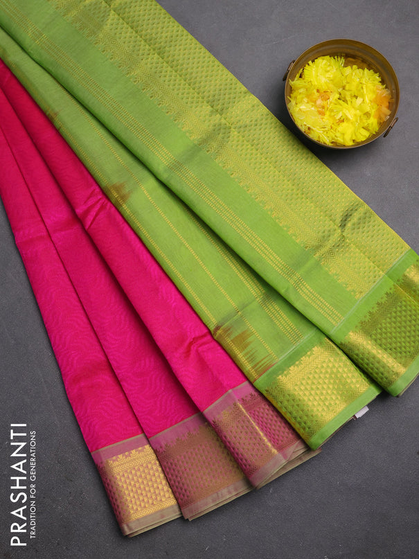 Silk cotton saree pink and light green with allover self emboss jacquard and zari woven border