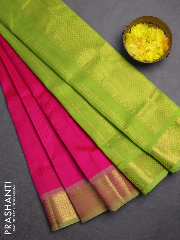 Silk cotton saree pink and light green with allover self emboss jacquard and zari woven border