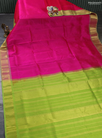 Silk cotton saree pink and light green with allover self emboss jacquard and zari woven border