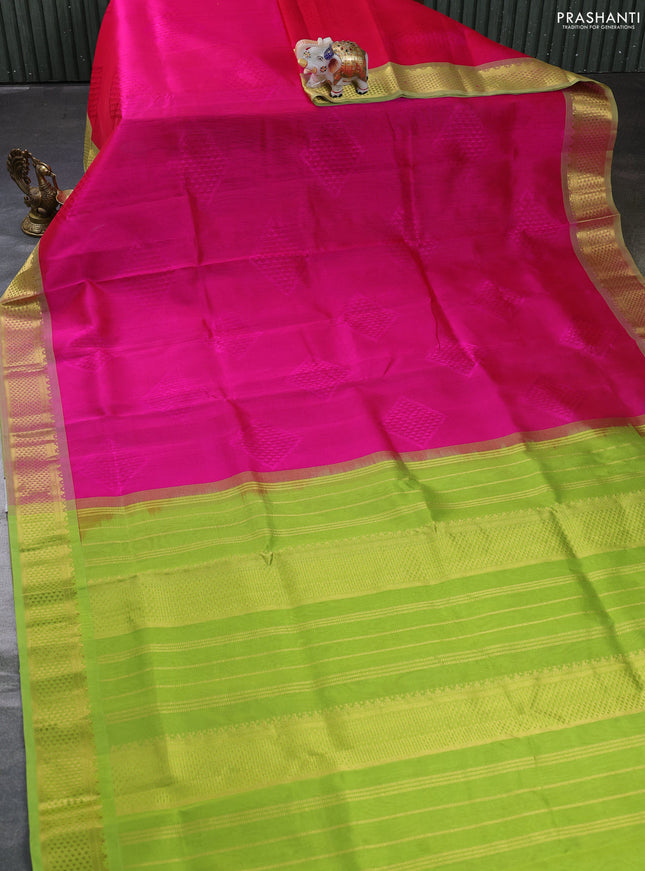 Silk cotton saree pink and light green with allover self emboss jacquard and zari woven border
