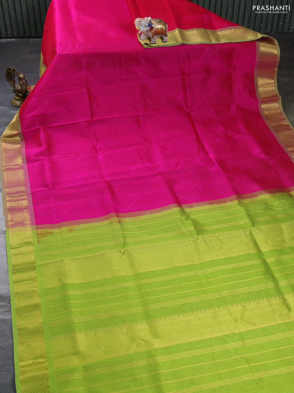 Silk cotton saree pink and light green with allover self emboss jacquard and zari woven border