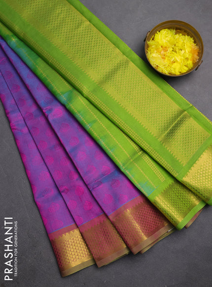 Silk cotton saree dual shade of purple and light green with allover self emboss jacquard and zari woven border
