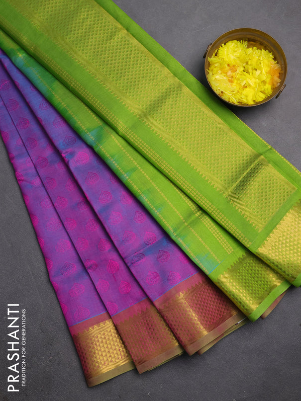 Silk cotton saree dual shade of purple and light green with allover self emboss jacquard and zari woven border