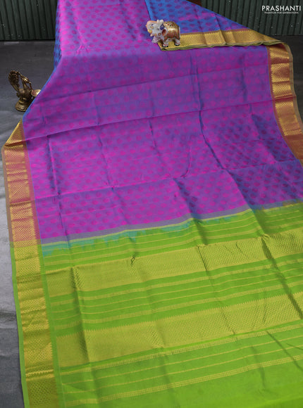 Silk cotton saree dual shade of purple and light green with allover self emboss jacquard and zari woven border
