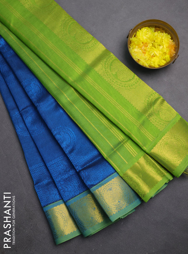 Silk cotton saree cs blue and light green with allover self emboss jacquard and annam zari woven border