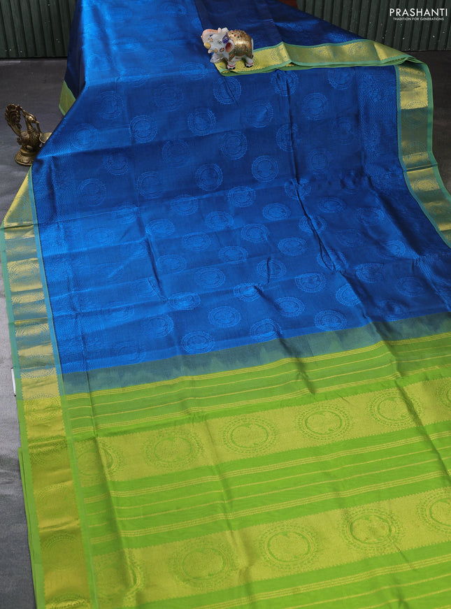 Silk cotton saree cs blue and light green with allover self emboss jacquard and annam zari woven border