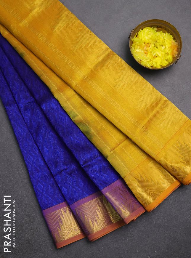Silk cotton saree blue and mustard yellow with allover self emboss jacquard and temple zari woven border
