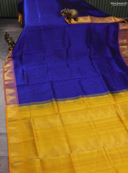 Silk cotton saree blue and mustard yellow with allover self emboss jacquard and temple zari woven border