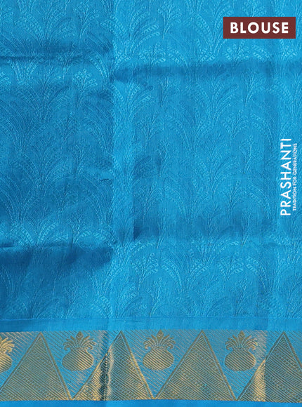 Silk cotton saree peacock green and cs blue with allover self emboss jacquard and zari woven border