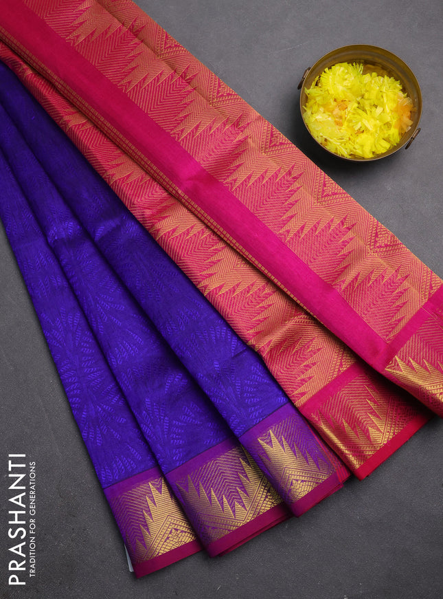Silk cotton saree blue and pink with allover self emboss jacquard and temple zari woven border
