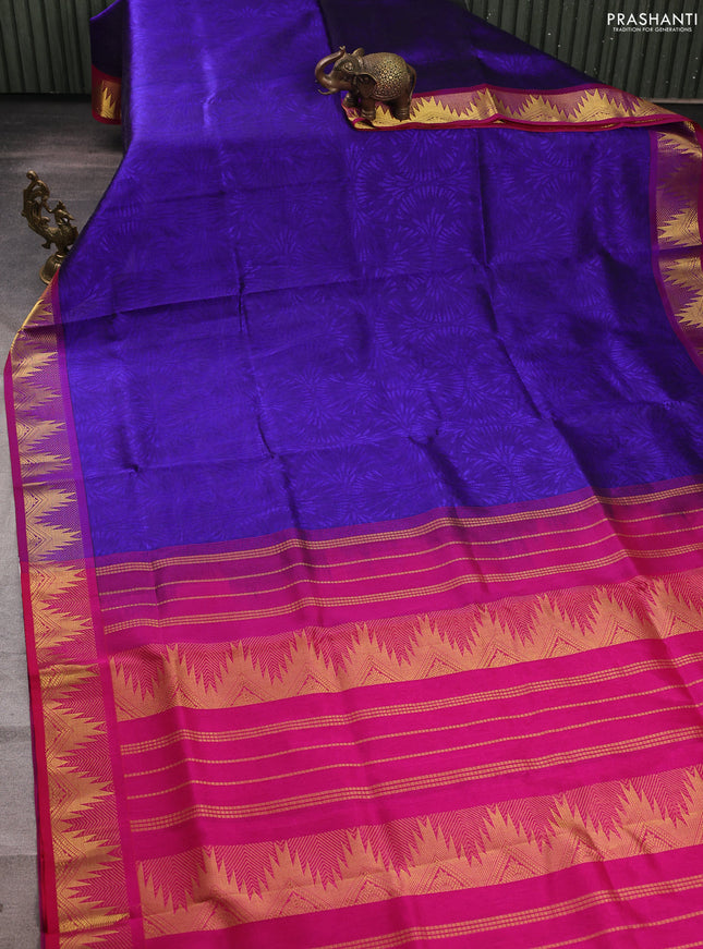 Silk cotton saree blue and pink with allover self emboss jacquard and temple zari woven border