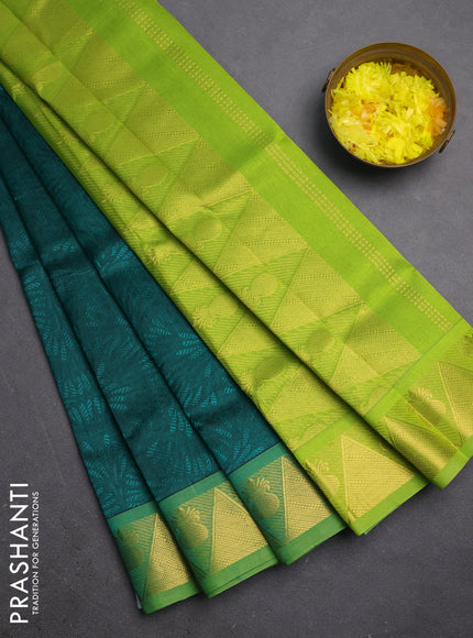 Silk cotton saree green and light green with allover self emboss jacquard and zari woven border