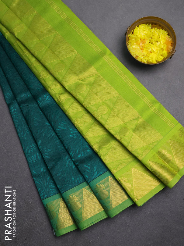 Silk cotton saree green and light green with allover self emboss jacquard and zari woven border