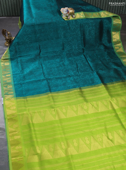 Silk cotton saree green and light green with allover self emboss jacquard and zari woven border