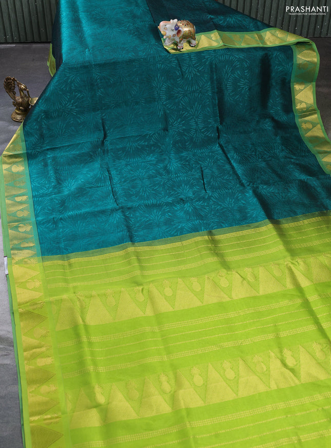 Silk cotton saree green and light green with allover self emboss jacquard and zari woven border