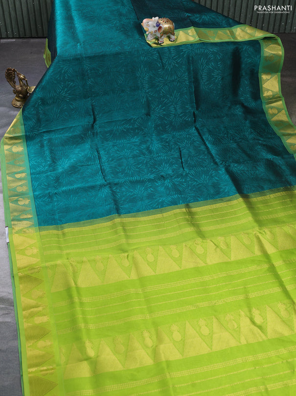 Silk cotton saree green and light green with allover self emboss jacquard and zari woven border