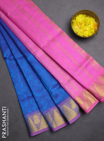 Silk cotton saree dual shade of blue and light pink with allover self emboss jacquard and zari woven border