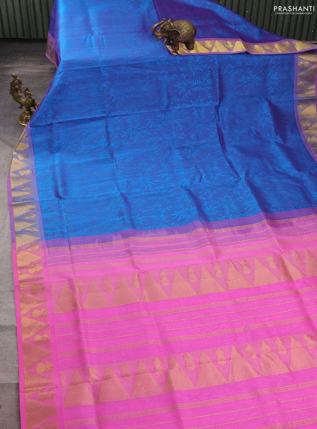 Silk cotton saree dual shade of blue and light pink with allover self emboss jacquard and zari woven border