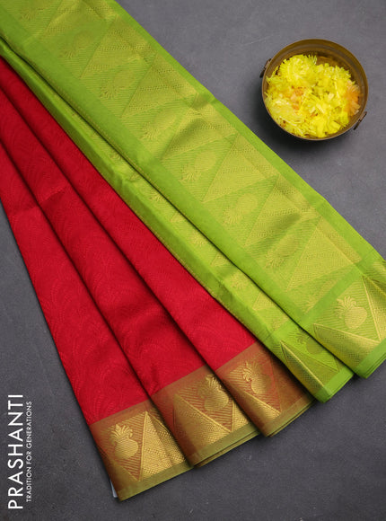 Silk cotton saree red and light green with allover self emboss jacquard and zari woven border