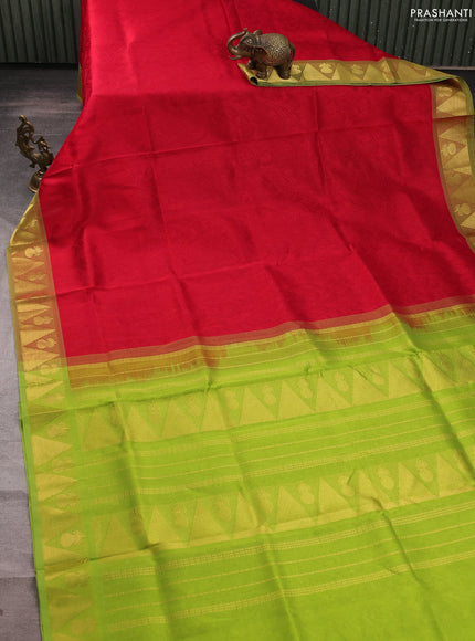 Silk cotton saree red and light green with allover self emboss jacquard and zari woven border