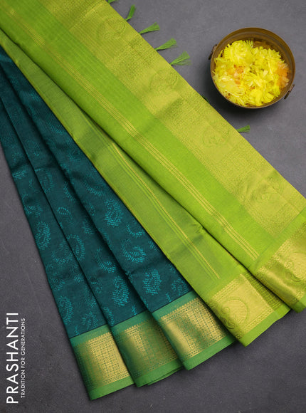 Silk cotton saree peacock green and light green with allover self emboss jacquard and zari woven border