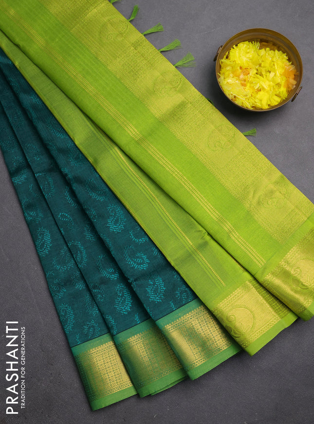 Silk cotton saree peacock green and light green with allover self emboss jacquard and zari woven border