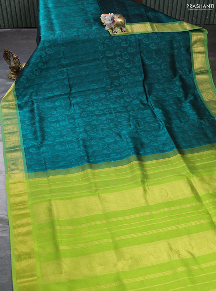 Silk cotton saree peacock green and light green with allover self emboss jacquard and zari woven border