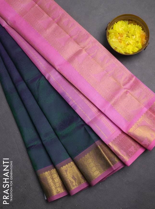 Silk cotton saree dual shade of green and light pink with allover self emboss jacquard and elephant zari woven border