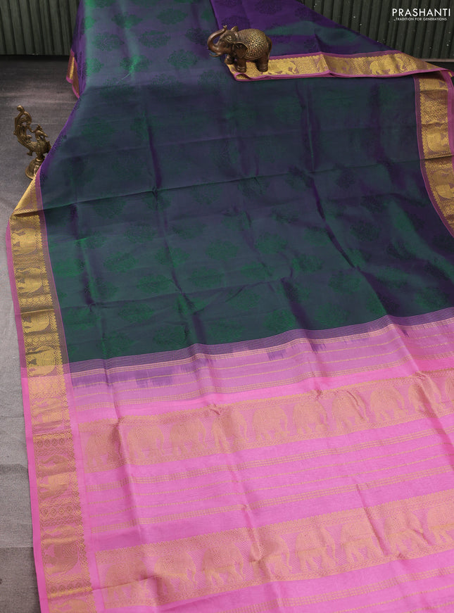 Silk cotton saree dual shade of green and light pink with allover self emboss jacquard and elephant zari woven border
