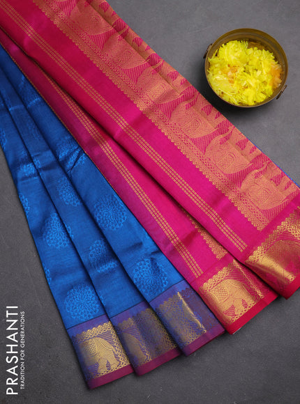 Silk cotton saree cs blue and pink with allover self emboss jacquard and elephant zari woven border