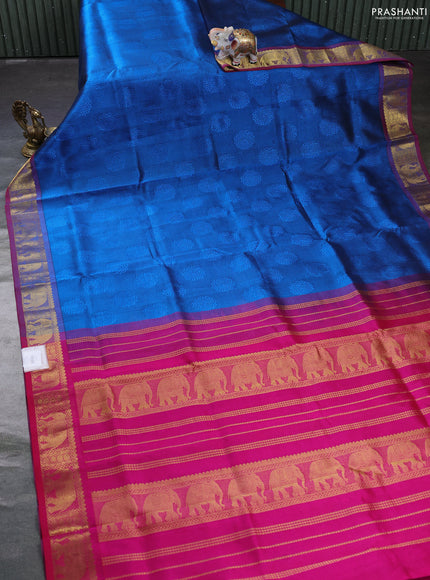 Silk cotton saree cs blue and pink with allover self emboss jacquard and elephant zari woven border