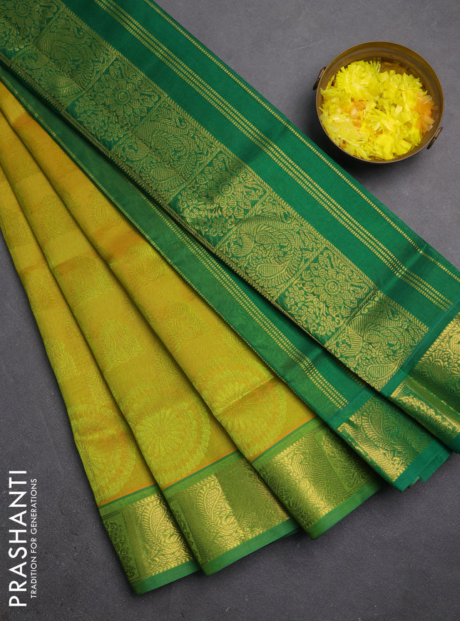Silk cotton saree dual shade of lime yellow and green with allover self emboss jacquard and zari woven border