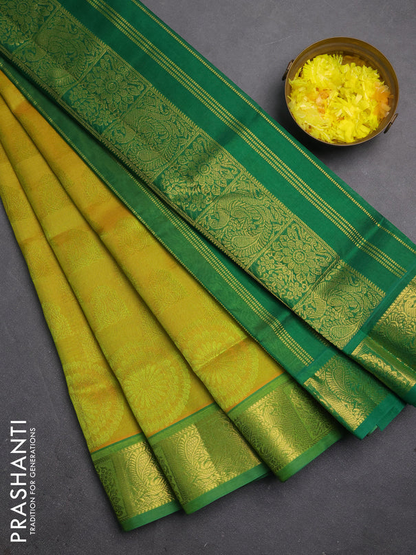 Silk cotton saree dual shade of lime yellow and green with allover self emboss jacquard and zari woven border