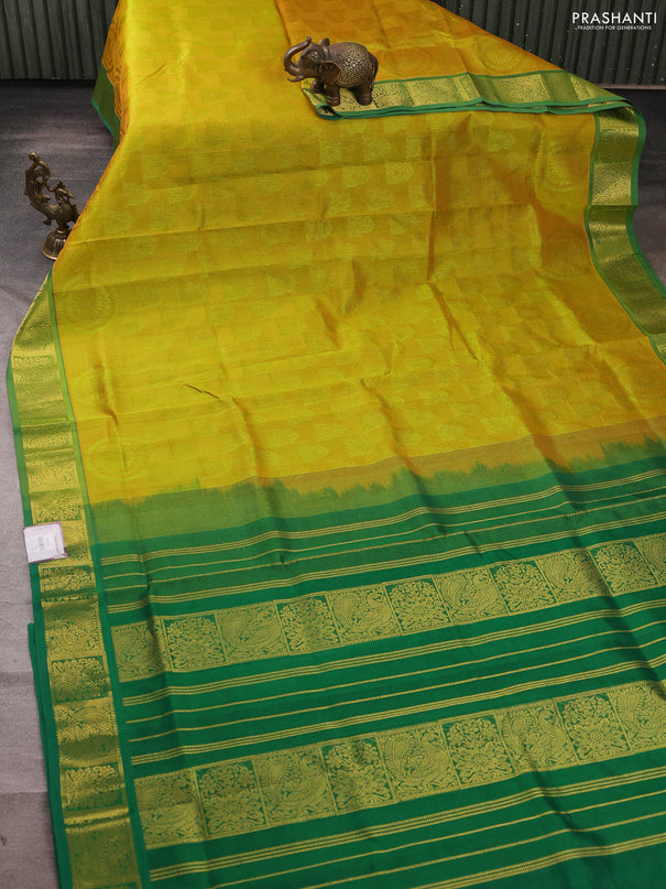 Silk cotton saree dual shade of lime yellow and green with allover self emboss jacquard and zari woven border