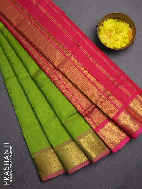 Silk cotton saree light green and pink with allover self emboss jacquard and zari woven border