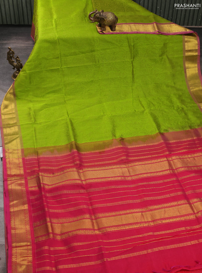 Silk cotton saree light green and pink with allover self emboss jacquard and zari woven border