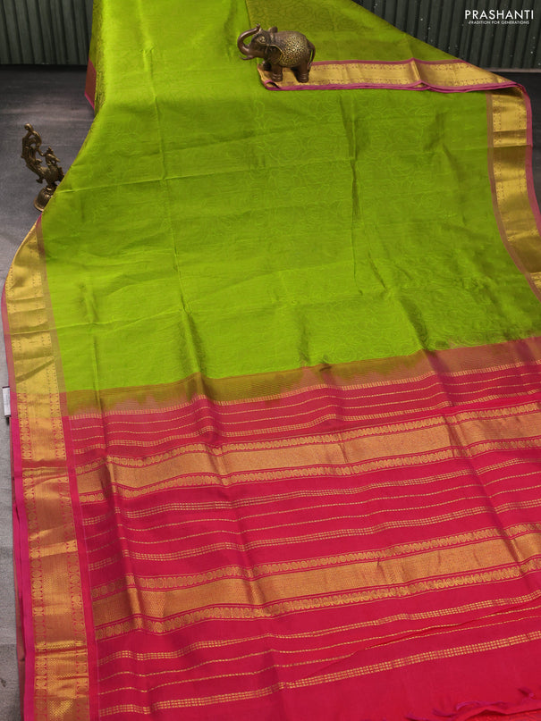 Silk cotton saree light green and pink with allover self emboss jacquard and zari woven border