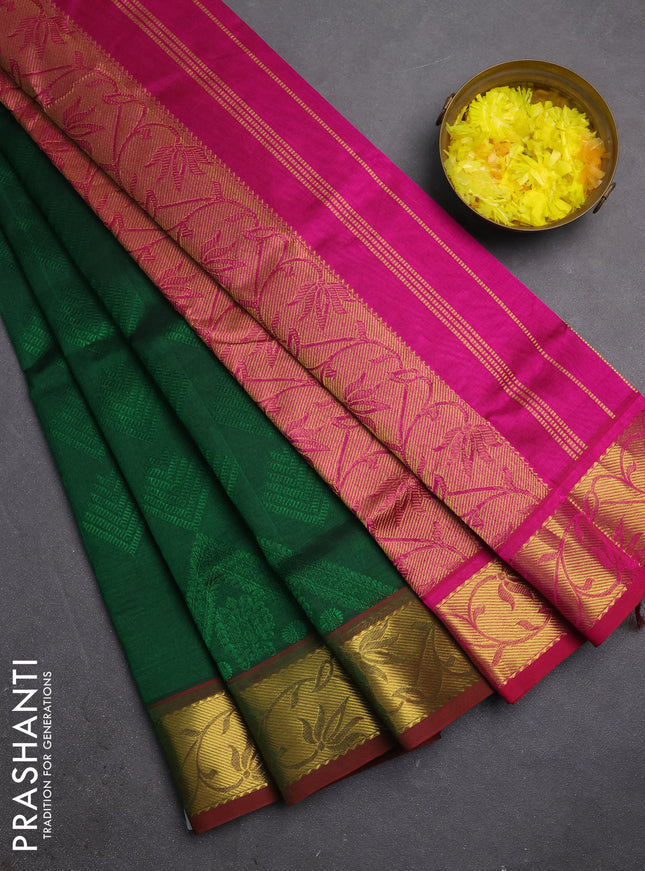 Silk cotton saree green and magenta pink with allover self emboss jacquard and annam zari woven border