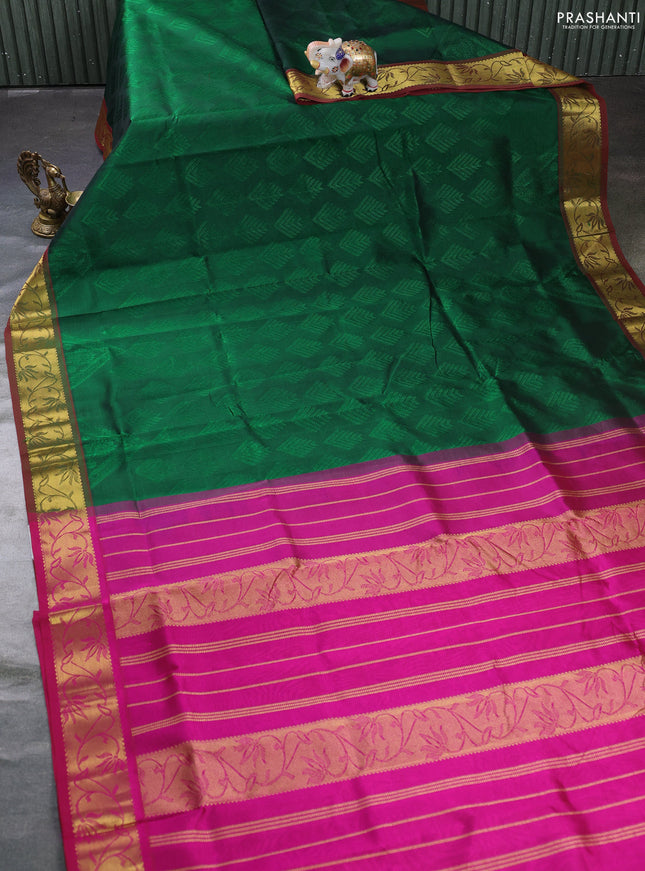 Silk cotton saree green and magenta pink with allover self emboss jacquard and annam zari woven border