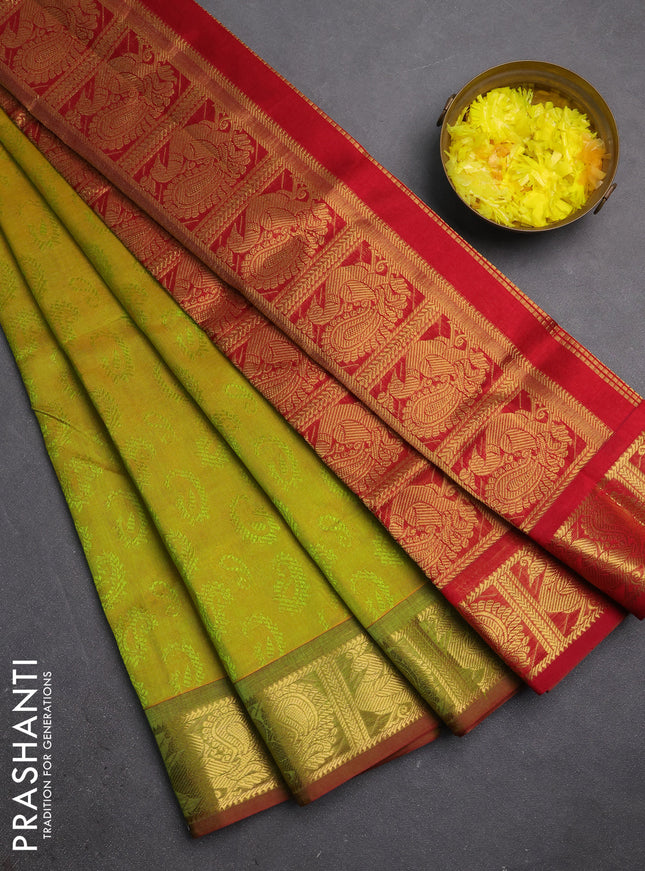 Silk cotton saree mustrad green and maroon with allover self emboss jacquard and annam zari woven border