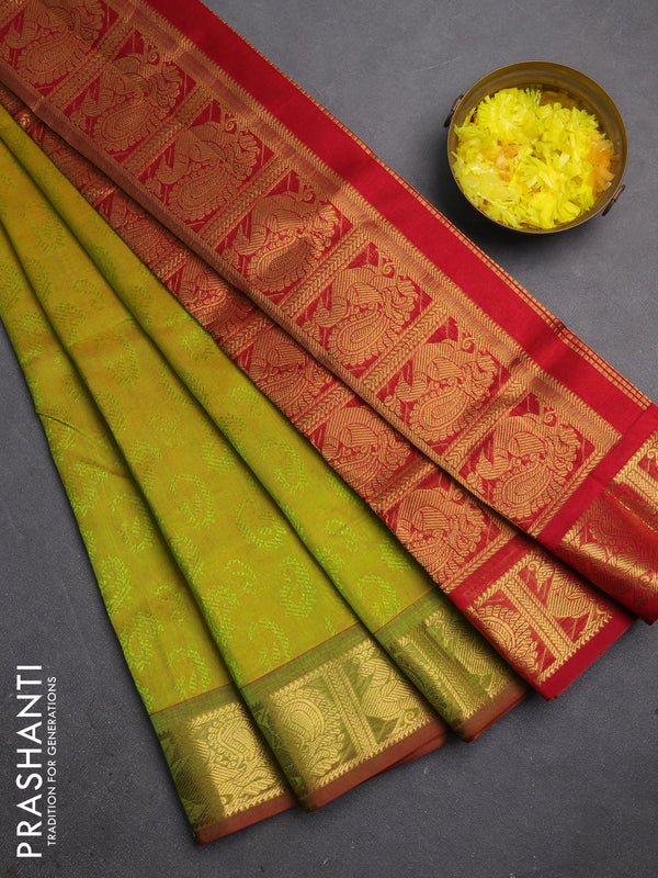 Silk cotton saree mustrad green and maroon with allover self emboss jacquard and annam zari woven border