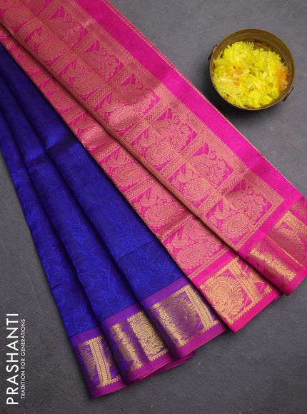 Silk cotton saree blue and pink with allover self emboss jacquard and annam zari woven border