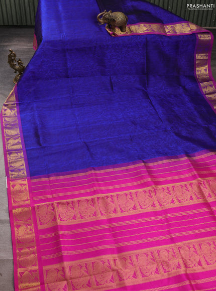 Silk cotton saree blue and pink with allover self emboss jacquard and annam zari woven border