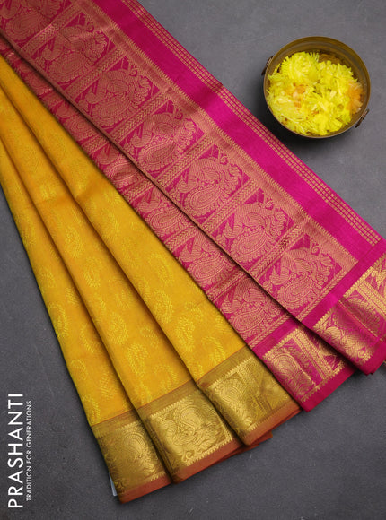 Silk cotton saree mango yellow and magenta pink with allover self emboss jacquard and annam zari woven border